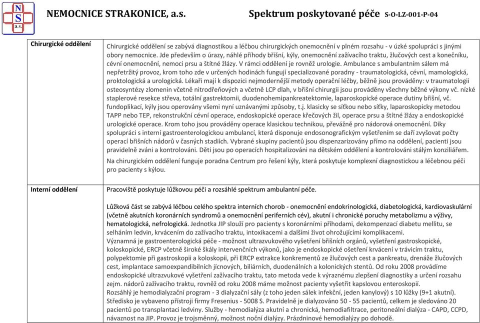 Ambulance s ambulantním sálem má nepřetržitý provoz, krom toho zde v určených hodinách fungují specializované poradny - traumatologická, cévní, mamologická, proktologická a urologická.