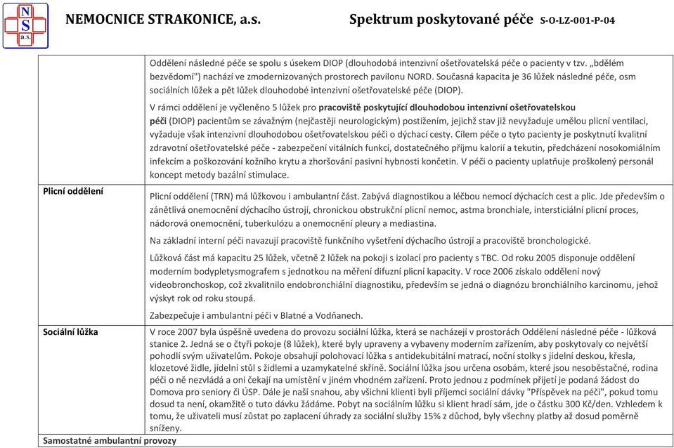 V rámci oddělení je vyčleněno 5 lůžek pro pracoviště poskytující dlouhodobou intenzivní ošetřovatelskou péči (DIOP) pacientům se závažným (nejčastěji neurologickým) postižením, jejichž stav již