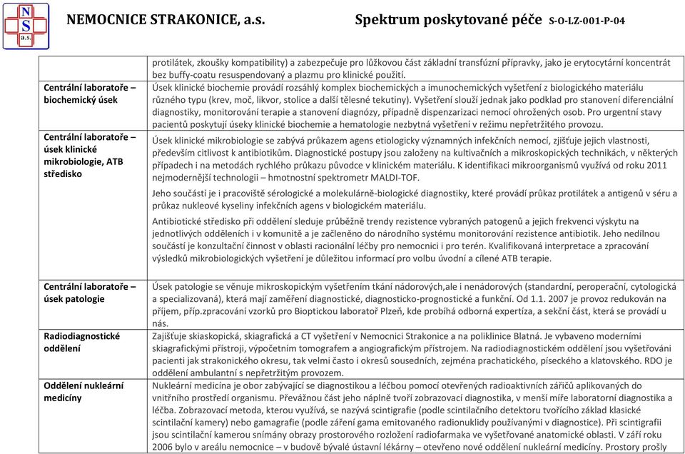 Úsek klinické biochemie provádí rozsáhlý komplex biochemických a imunochemických vyšetření z biologického materiálu různého typu (krev, moč, likvor, stolice a další tělesné tekutiny).