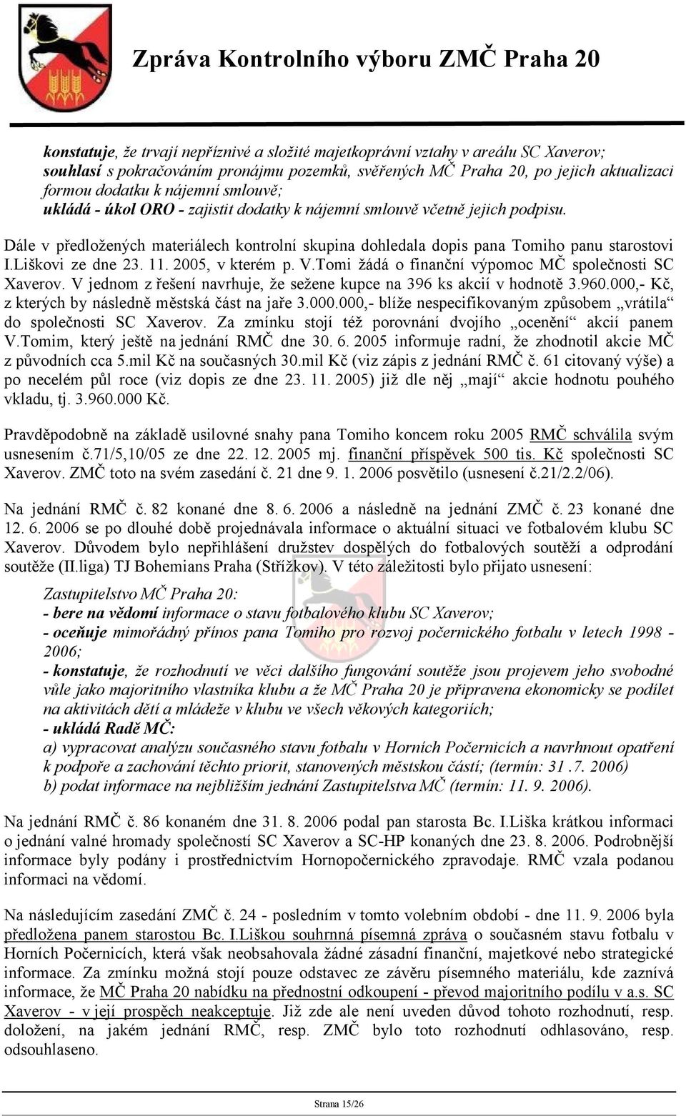 Liškovi ze dne 23. 11. 2005, v kterém p. V.Tomi žádá o finanční výpomoc MČ společnosti SC Xaverov. V jednom z řešení navrhuje, že sežene kupce na 396 ks akcií v hodnotě 3.960.