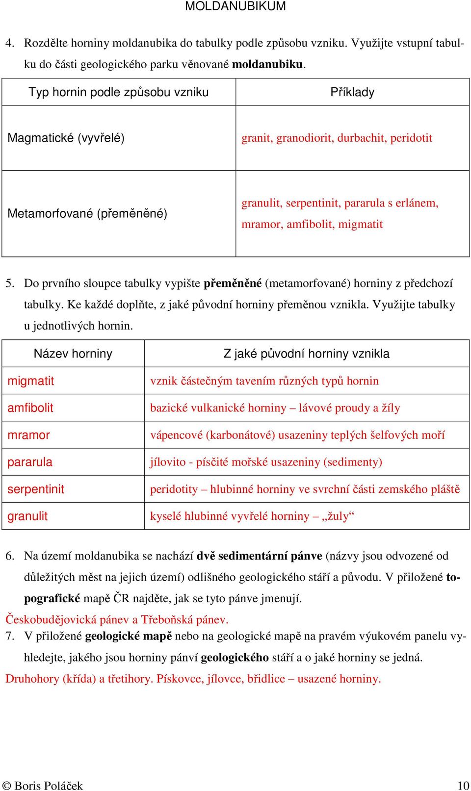 migmatit 5. Do prvního sloupce tabulky vypište přeměněné (metamorfované) horniny z předchozí tabulky. Ke každé doplňte, z jaké původní horniny přeměnou vznikla. Využijte tabulky u jednotlivých hornin.