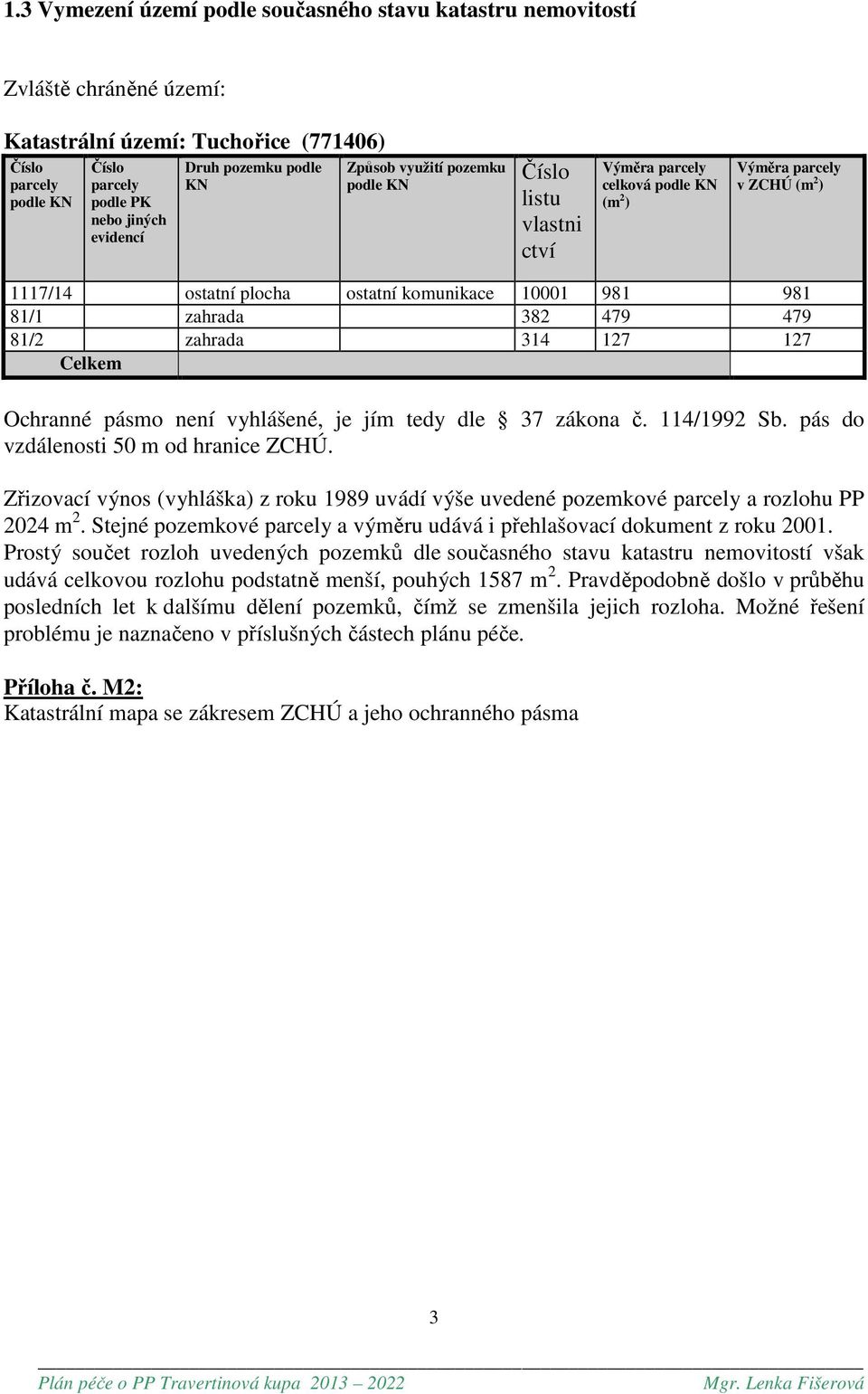 81/1 zahrada 382 479 479 81/2 zahrada 314 127 127 Celkem Ochranné pásmo není vyhlášené, je jím tedy dle 37 zákona č. 114/1992 Sb. pás do vzdálenosti 50 m od hranice ZCHÚ.