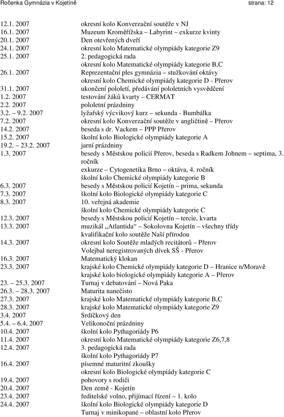 2. 2007 testování žáků kvarty CERMAT 2.2. 2007 pololetní prázdniny 3.2. 9.2. 2007 lyžařský výcvikový kurz sekunda - Bumbálka 7.2. 2007 okresní kolo Konverzační soutěže v angličtině Přerov 14.2. 2007 beseda s dr.