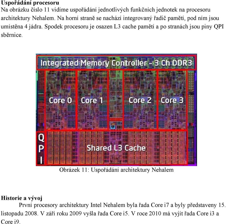 Spodek procesoru je osazen L3 cache pamětí a po stranách jsou piny QPI sběrnice.