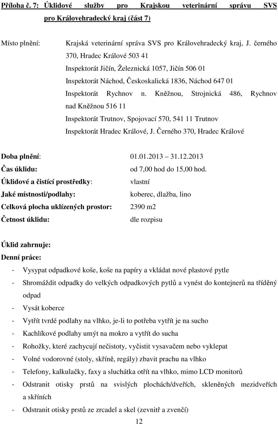 Kněžnou, Strojnická 486, Rychnov nad Kněžnou 516 11 Inspektorát Trutnov, Spojovací 570, 541 11 Trutnov Inspektorát Hradec Králové, J. Černého 370, Hradec Králové Doba plnění: 01.01.2013 31.12.