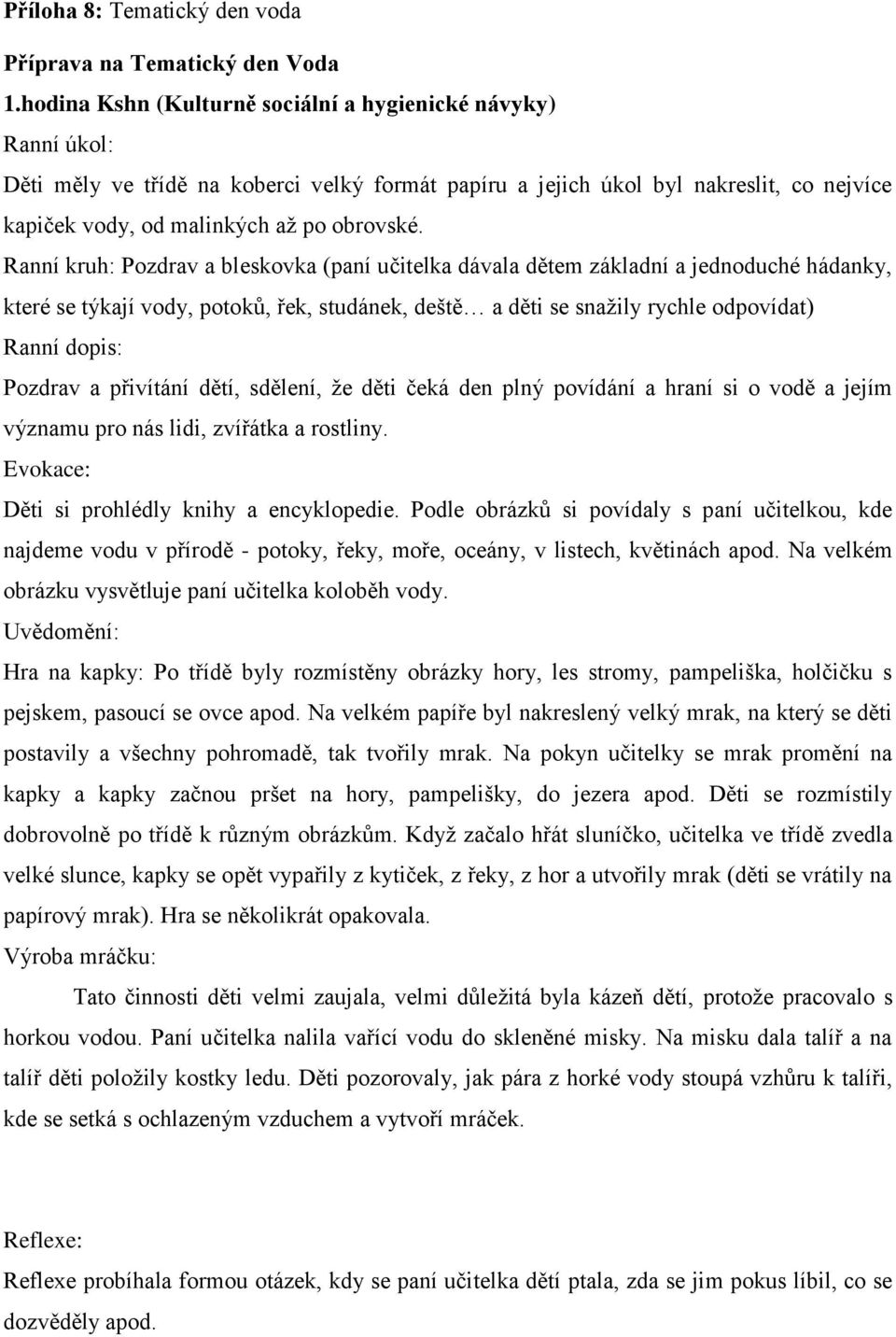 Ranní kruh: Pozdrav a bleskovka (paní učitelka dávala dětem základní a jednoduché hádanky, které se týkají vody, potoků, řek, studánek, deště a děti se snažily rychle odpovídat) Ranní dopis: Pozdrav