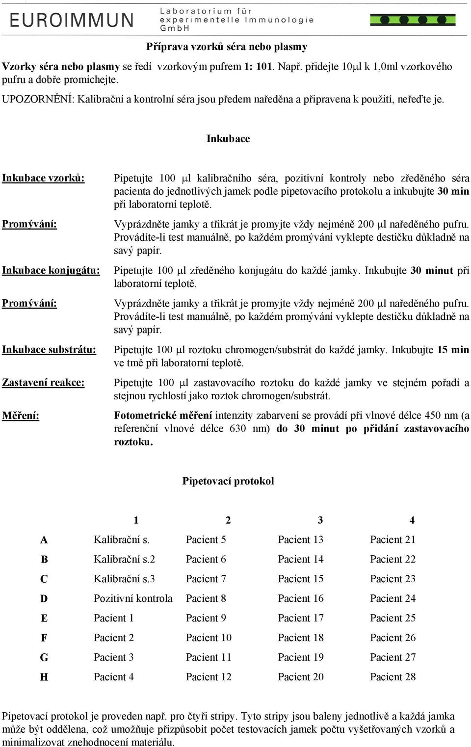 Inkubace Inkubace vzorků: Promývání: Inkubace konjugátu: Promývání: Inkubace substrátu: Zastavení reakce: Pipetujte 100 µl kalibračního séra, pozitivní kontroly nebo zředěného séra pacienta do