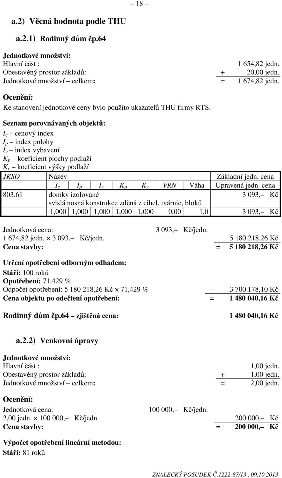 Seznam porovnávaných objektů: I c cenový index I p index polohy I v index vybavení K p koeficient plochy podlaží K v koeficient výšky podlaží JKSO Název Základní jedn.