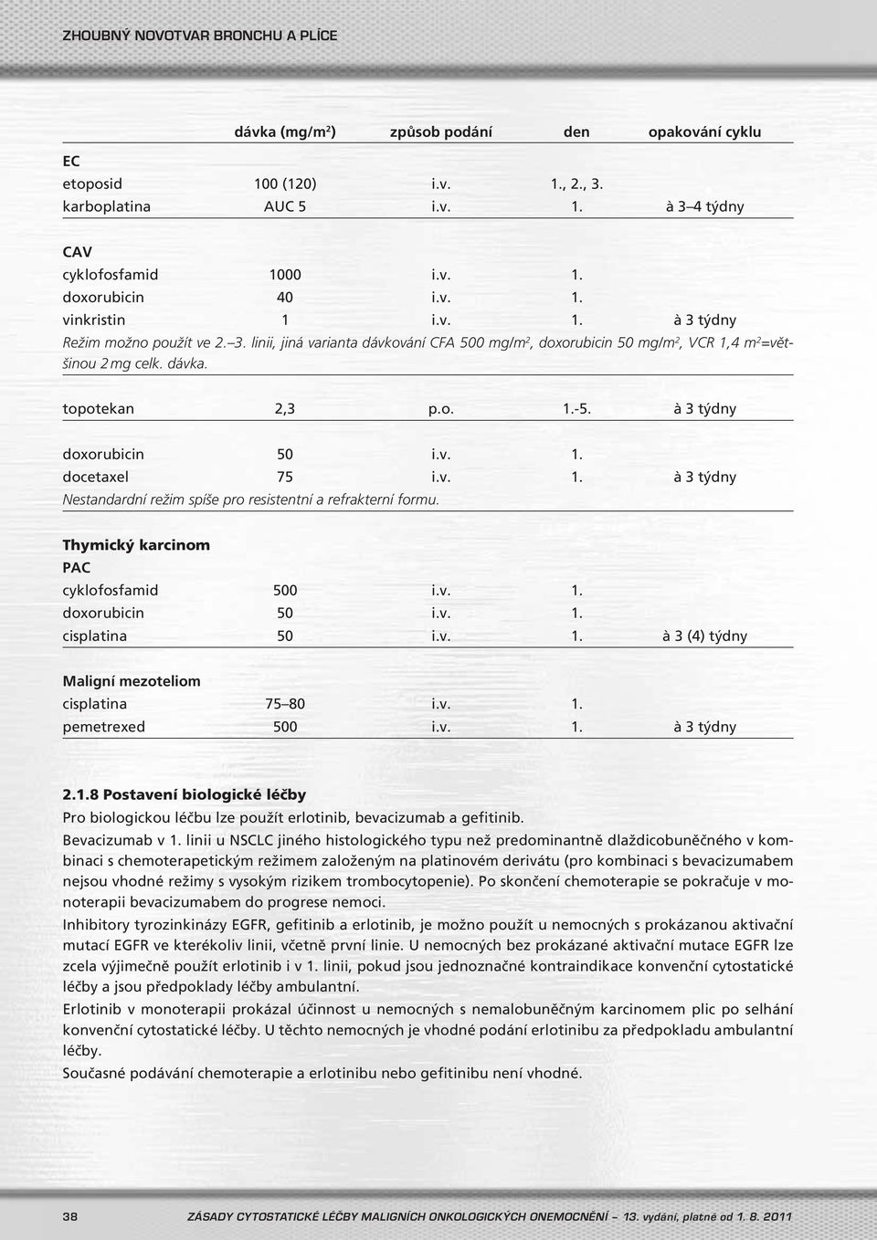 Thymický karcinom PAC cyklofosfamid 500 i.v. 1. doxorubicin 50 i.v. 1. cisplatina 50 i.v. 1. à 3 (4) týdny Maligní mezoteliom cisplatina 75 80 i.v. 1. pemetrexed 500 i.v. 1. à 3 týdny 2.1.8 Postavení biologické léčby Pro biologickou léčbu lze použít erlotinib, bevacizumab a gefitinib.