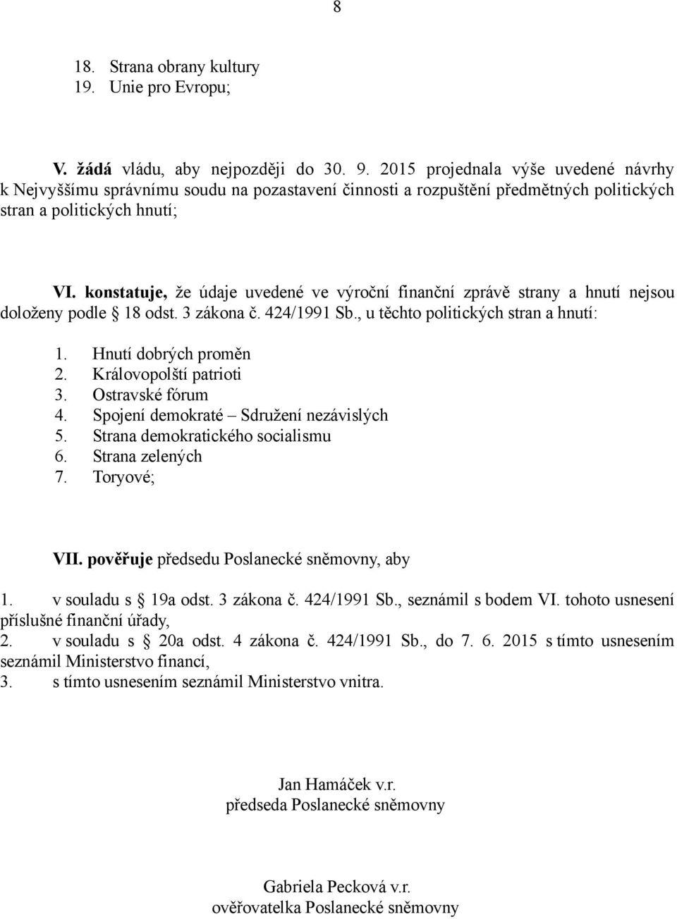 konstatuje, že údaje uvedené ve výroční finanční zprávě strany a hnutí nejsou doloženy podle 18 odst. 3 zákona č. 424/1991 Sb., u těchto politických stran a hnutí: 1. Hnutí dobrých proměn 2.