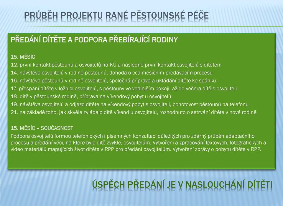 přespání dítěte v loţnici osvojitelů, s pěstouny ve vedlejším pokoji, aţ do večera dítě s osvojiteli 18. dítě v pěstounské rodině, příprava na víkendový pobyt u osvojitelů 19.