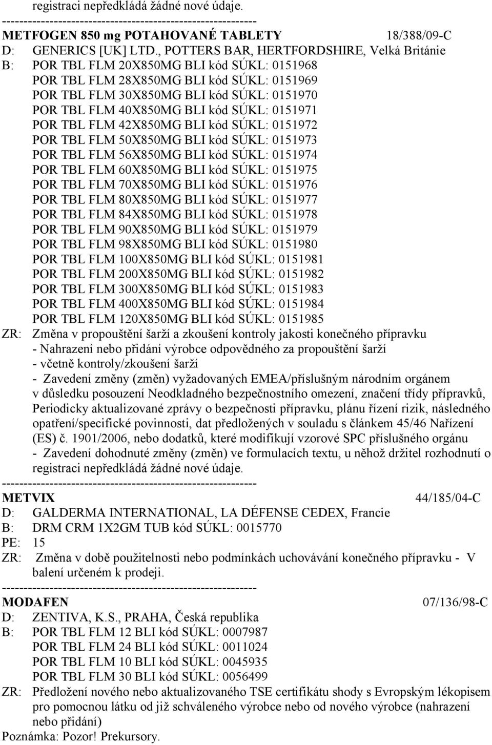 BLI kód SÚKL: 0151971 POR TBL FLM 42X850MG BLI kód SÚKL: 0151972 POR TBL FLM 50X850MG BLI kód SÚKL: 0151973 POR TBL FLM 56X850MG BLI kód SÚKL: 0151974 POR TBL FLM 60X850MG BLI kód SÚKL: 0151975 POR