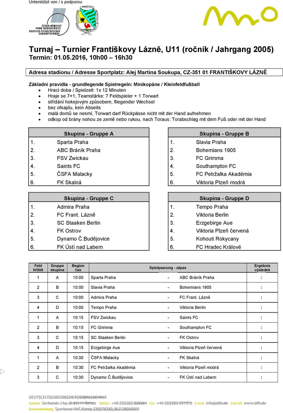 2016, 10h00 16h30 Adresa stadionu / Adresse Sportplatz: Alej Martina Soukupa, CZ-351 01 FRANTIŠKOVY LÁZNĚ Základni pravidla - grundlegende Spielregeln: Minikopáne / Kleinfeldfußball Hrací doba /