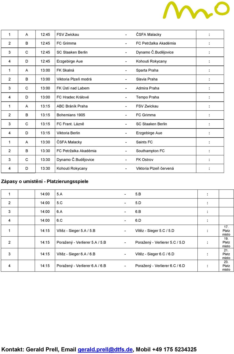 FC Hradec Králové - Tempo Praha : 1 A 13:15 ABC Bráník Praha - FSV Zwickau : 2 B 13:15 Bohemians 1905 - FC Grimma : 3 C 13:15 FC Frant.