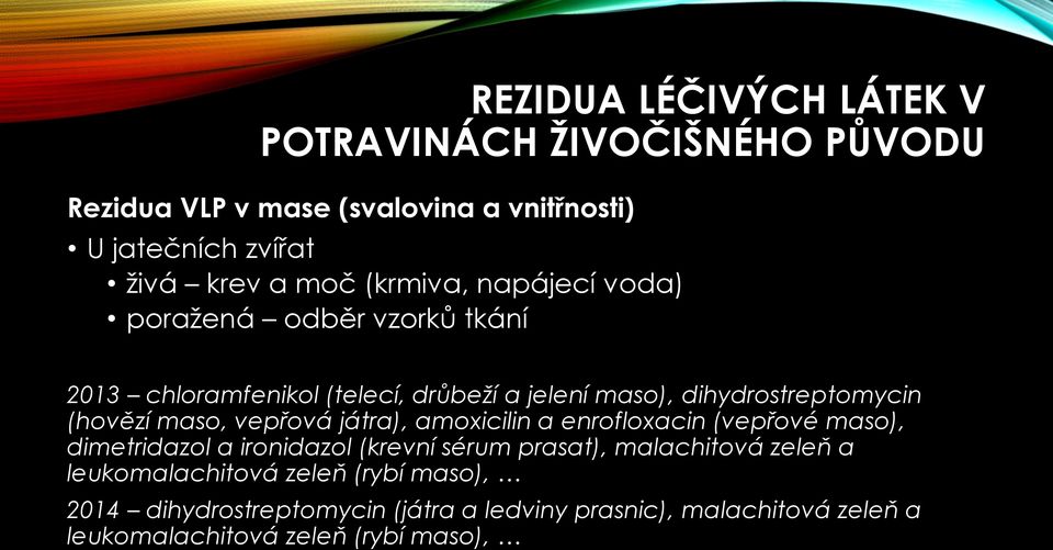 maso, vepřová játra), amoxicilin a enrofloxacin (vepřové maso), dimetridazol a ironidazol (krevní sérum prasat), malachitová zeleň a