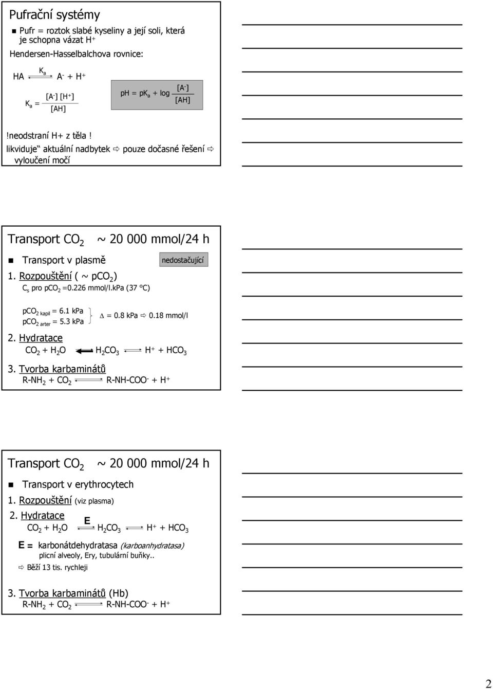 226 mmol/l. /l.kpa (37 C) nedostačující pco 2 kapil pco 2 arter pco kapil = 6.1 kpa pco arter = 5.3 kpa 2. Hydratace CO 2 + H 2 O H 2 CO 3 = 0.8 kpa 0.18 mmol/l H + + HCO 3 3.