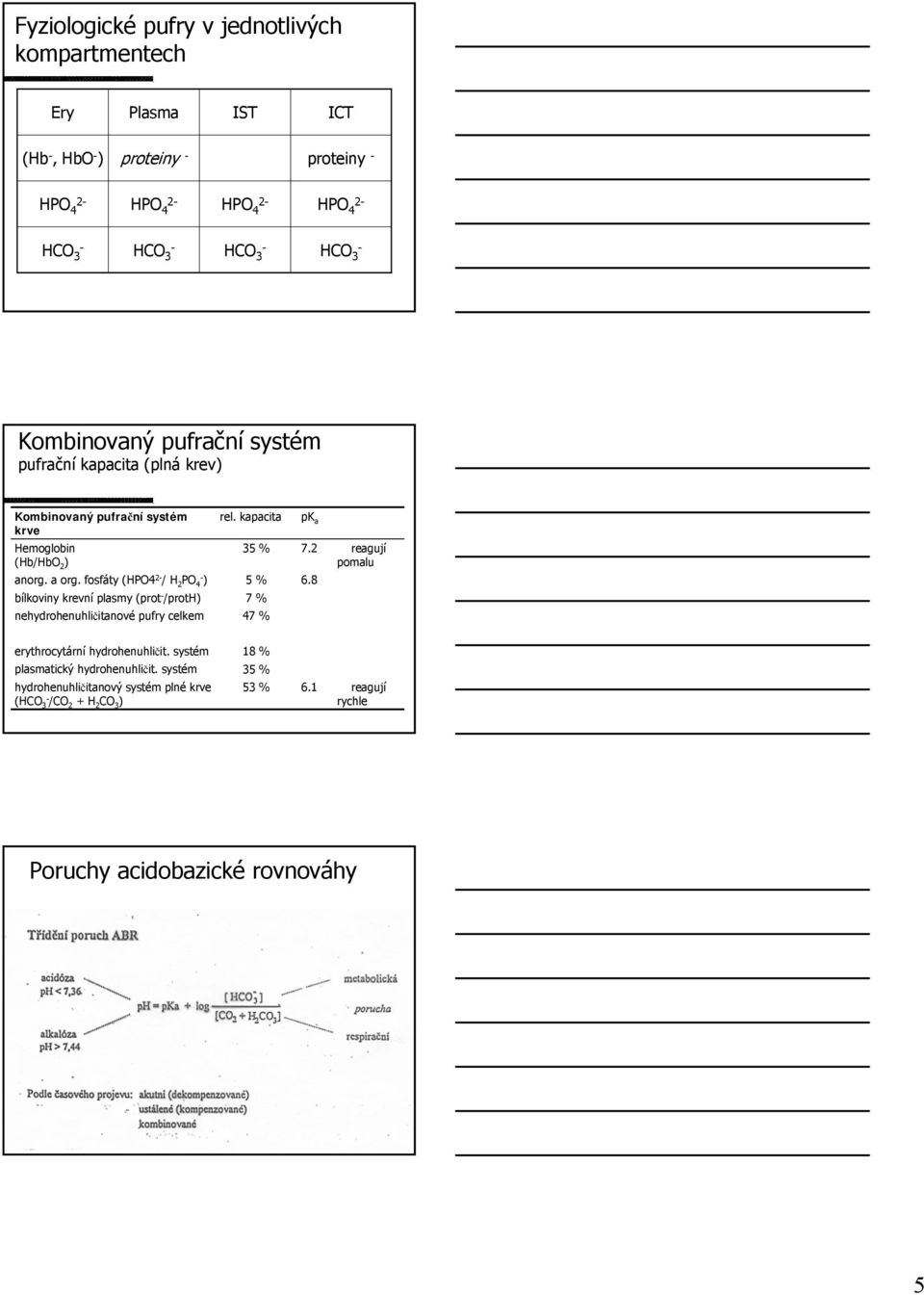 fosfáty (HPO4 2- / H 2 PO 4- ) bílkoviny krevní plasmy (prot - /proth) nehydrohenuhličitanové pufry celkem rel. kapacita 35 % 5 % 7 % 47 % pk a 7.2 6.