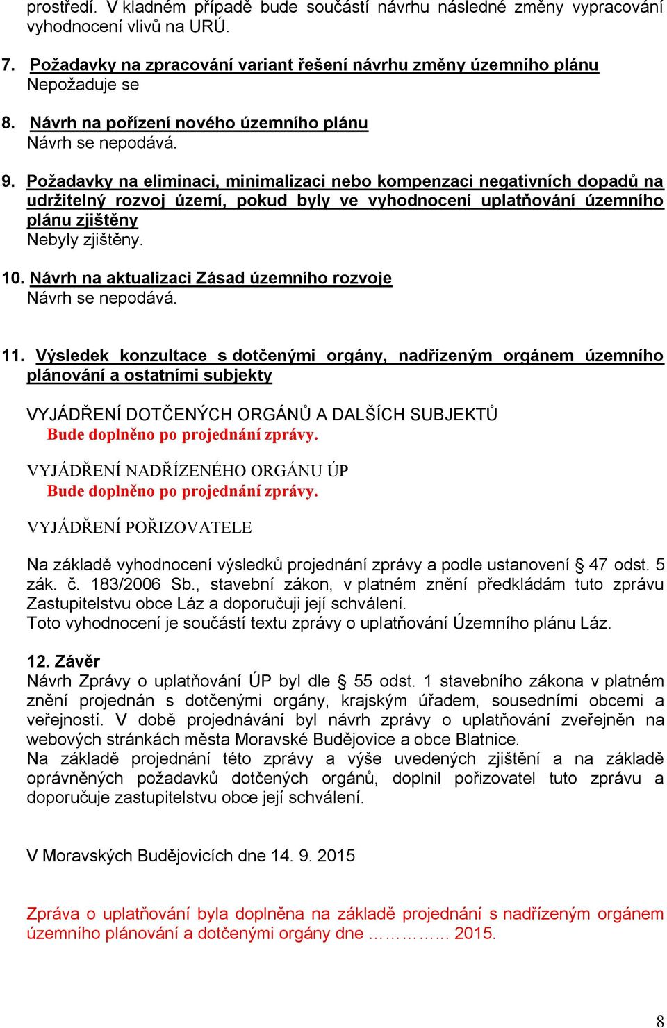 Požadavky na eliminaci, minimalizaci nebo kompenzaci negativních dopadů na udržitelný rozvoj území, pokud byly ve vyhodnocení uplatňování územního plánu zjištěny Nebyly zjištěny. 10.