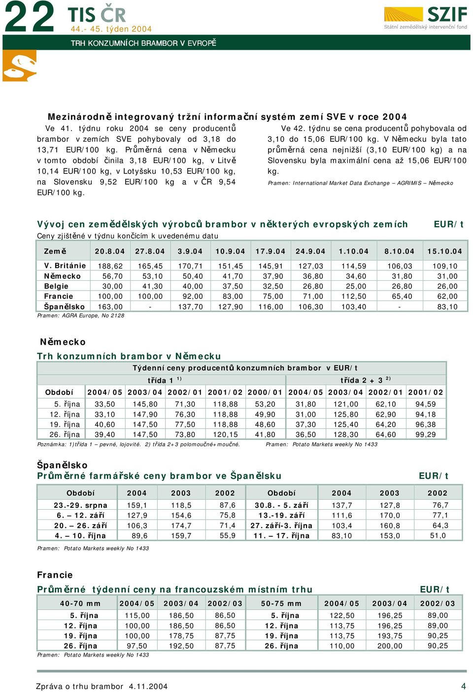 týdnu se cena producentů pohybovala od, do 5,6 EUR/ kg. V Německu byla tato průměrná cena nejnižší (, EUR/ kg) a na Slovensku byla maximální cena až 5,6 EUR/ kg.