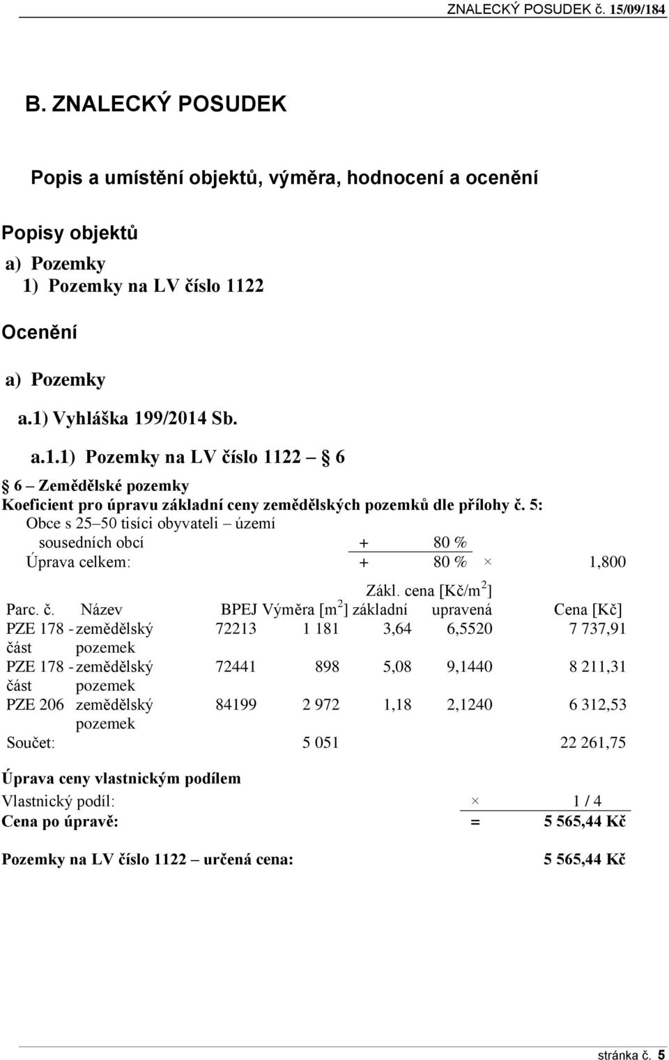 5: Obce s 25 50 tisíci obyvateli území sousedních obcí + 80 % Úprava celkem: + 80 % 1,800 Zákl. cena [Kč/m 2 ] Parc. č.