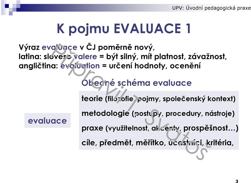 teorie (filozofie, pojmy, společenský kontext) evaluace metodologie (postupy, procedury,