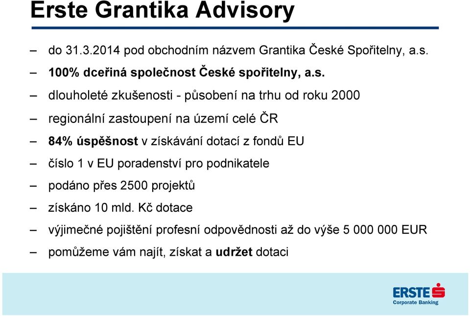 získávání dotací z fondů EU číslo 1 v EU poradenství pro podnikatele podáno přes 2500 projektů získáno 10 mld.