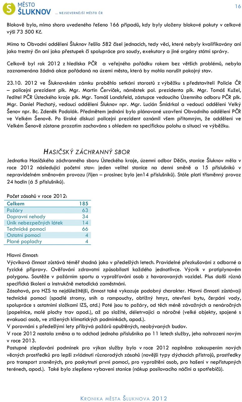 správy. Celkově byl rok 2012 z hlediska PČR a veřejného pořádku rokem bez větších problémů, nebyla zaznamenána žádná akce pořádaná na území města, která by mohla narušit pokojný stav. 23.10.