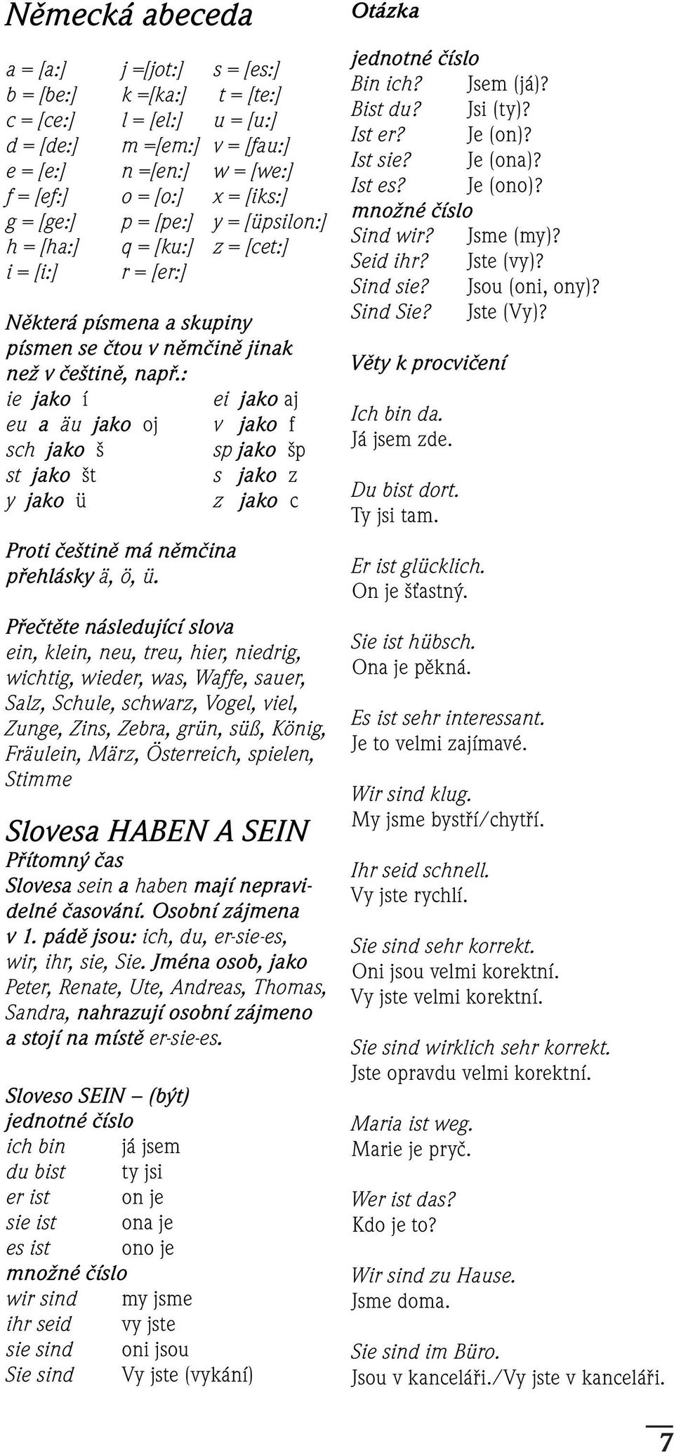 : ie jako í ei jako aj eu a äu jako oj v jako f sch jako š sp jako šp st jako št s jako z y jako ü z jako c Proti češtině má němčina přehlásky ä, ö, ü.