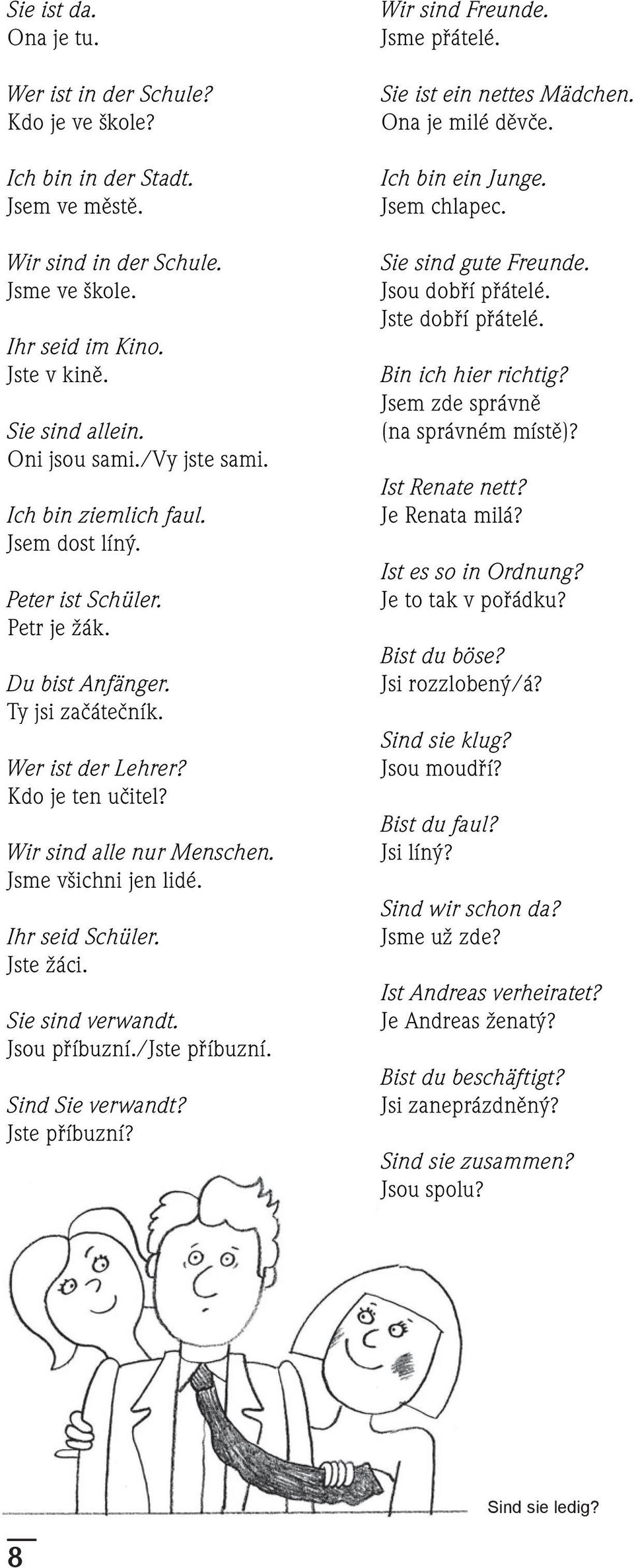 Wir sind alle nur Menschen. Jsme všichni jen lidé. Ihr seid Schüler. Jste žáci. Sie sind verwandt. Jsou příbuzní./jste příbuzní. Sind Sie verwandt? Jste příbuzní? Wir sind Freunde. Jsme přátelé.