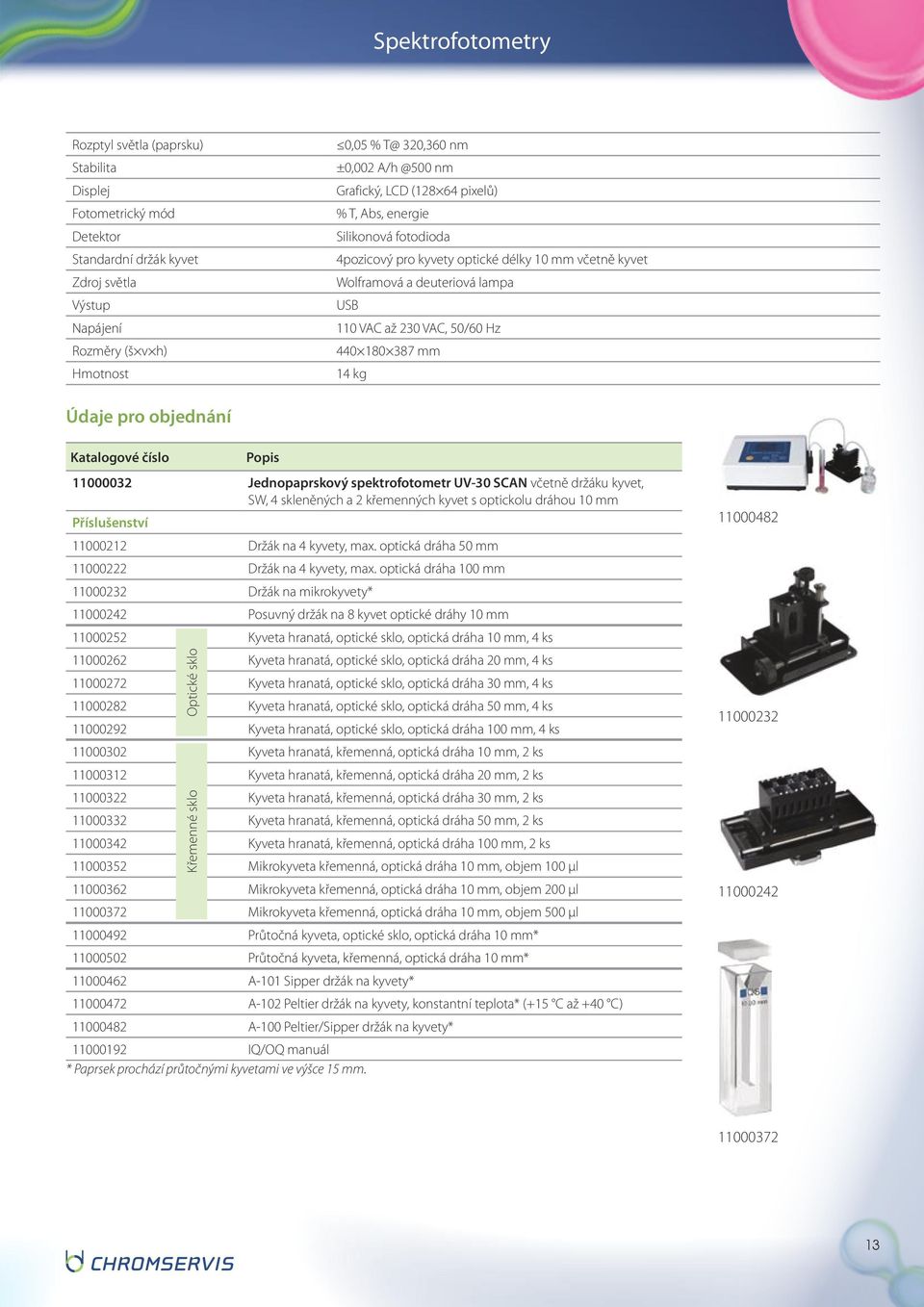 387 mm 14 kg Katalogové číslo Popis 11000032 Jednopaprskový spektrofotometr UV-30 SCAN včetně držáku kyvet, SW, 4 skleněných a 2 křemenných kyvet s optickolu dráhou 10 mm Příslušenství 11000212 Držák