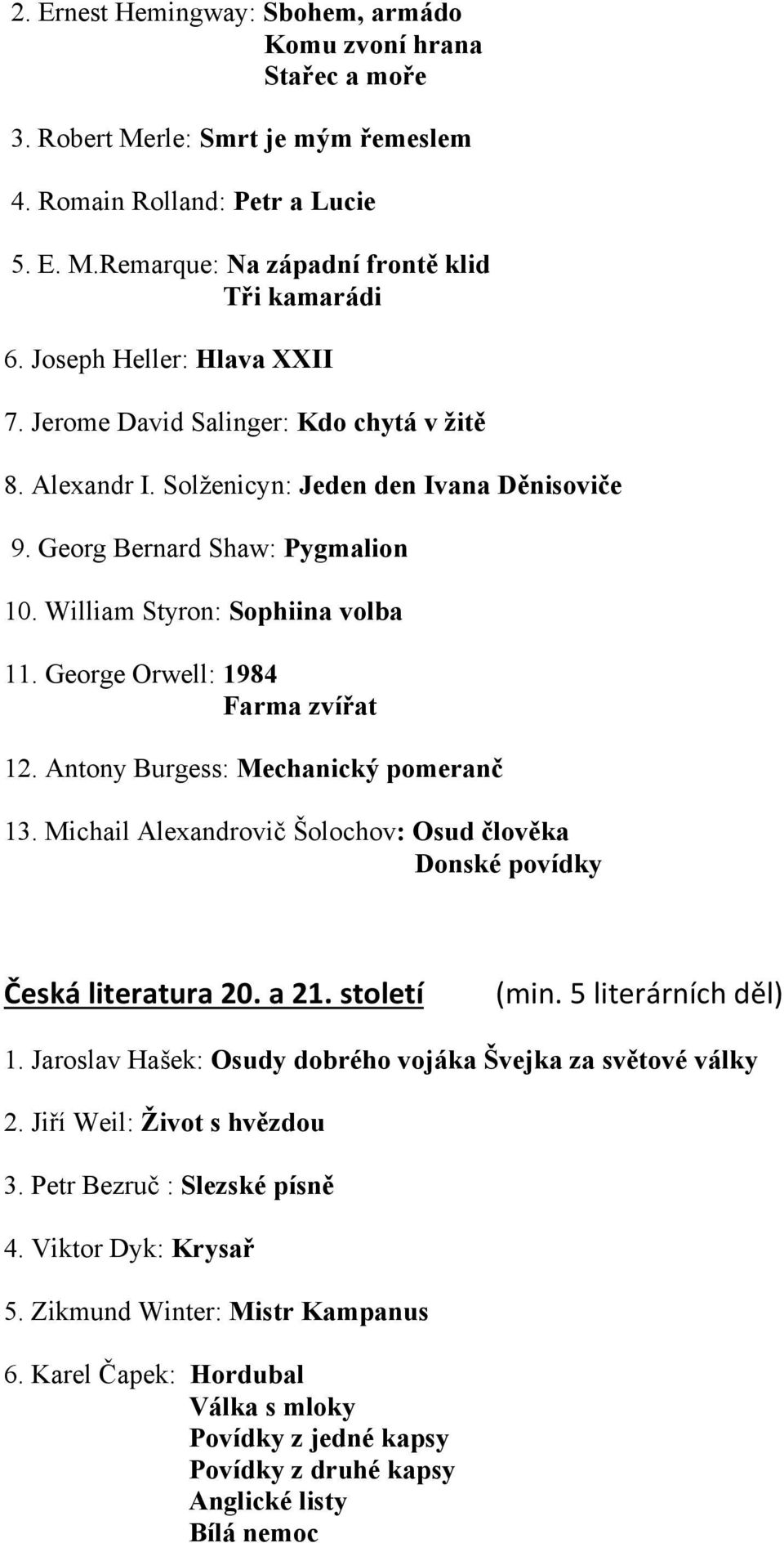 George Orwell: 1984 Farma zvířat 12. Antony Burgess: Mechanický pomeranč 13. Michail Alexandrovič Šolochov: Osud člověka Donské povídky Česká literatura 20. a 21. století (min. 5 literárních děl) 1.