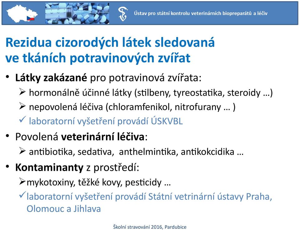 vyšetření provádí ÚSKVBL Povolená veterinární léčiva: antibiotika, sedativa, anthelmintika, antikokcidika Kontaminanty