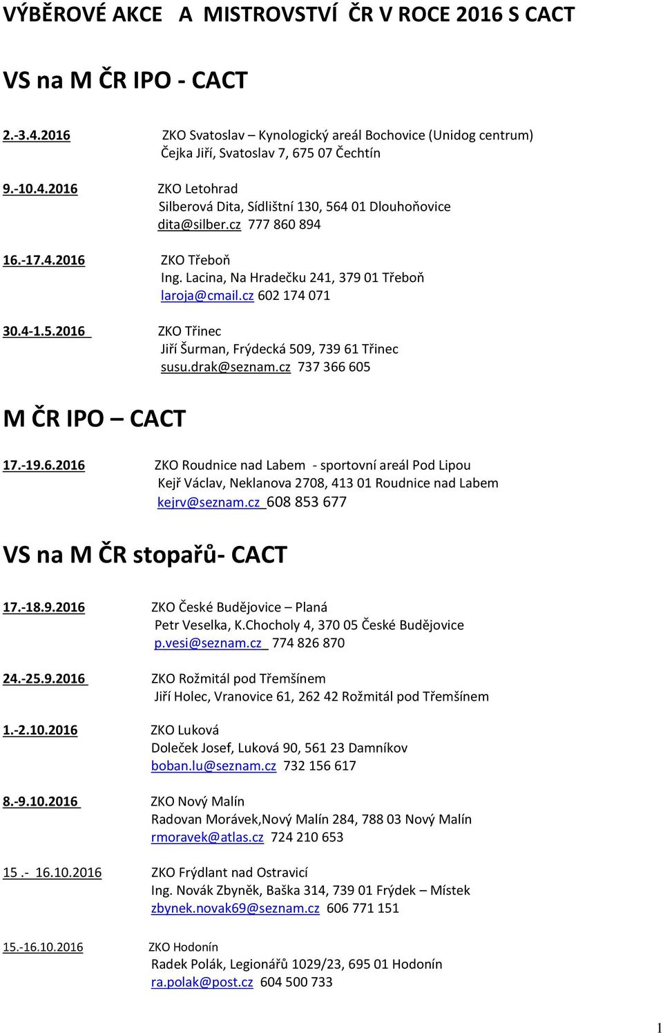 cz 737 366 605 M ČR IPO CACT 17.-19.6.2016 ZKO Roudnice nad Labem - sportovní areál Pod Lipou Kejř Václav, Neklanova 2708, 413 01 Roudnice nad Labem kejrv@seznam.