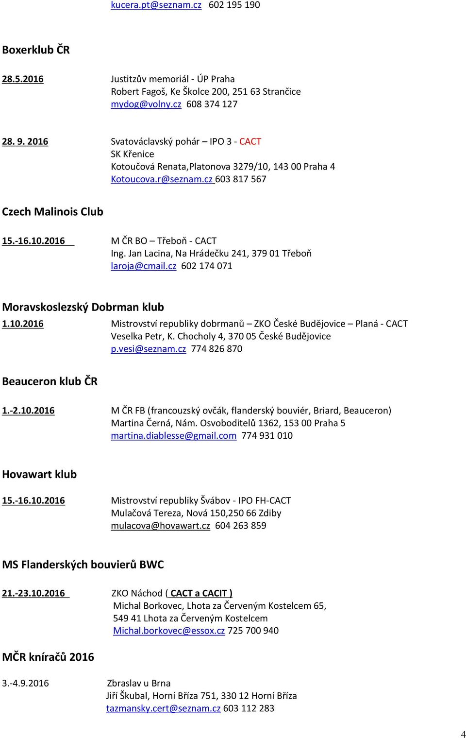 Jan Lacina, Na Hrádečku 241, 379 01 Třeboň laroja@cmail.cz 602 174 071 Moravskoslezský Dobrman klub 1.10.2016 Mistrovství republiky dobrmanů ZKO České Budějovice Planá - CACT Veselka Petr, K.