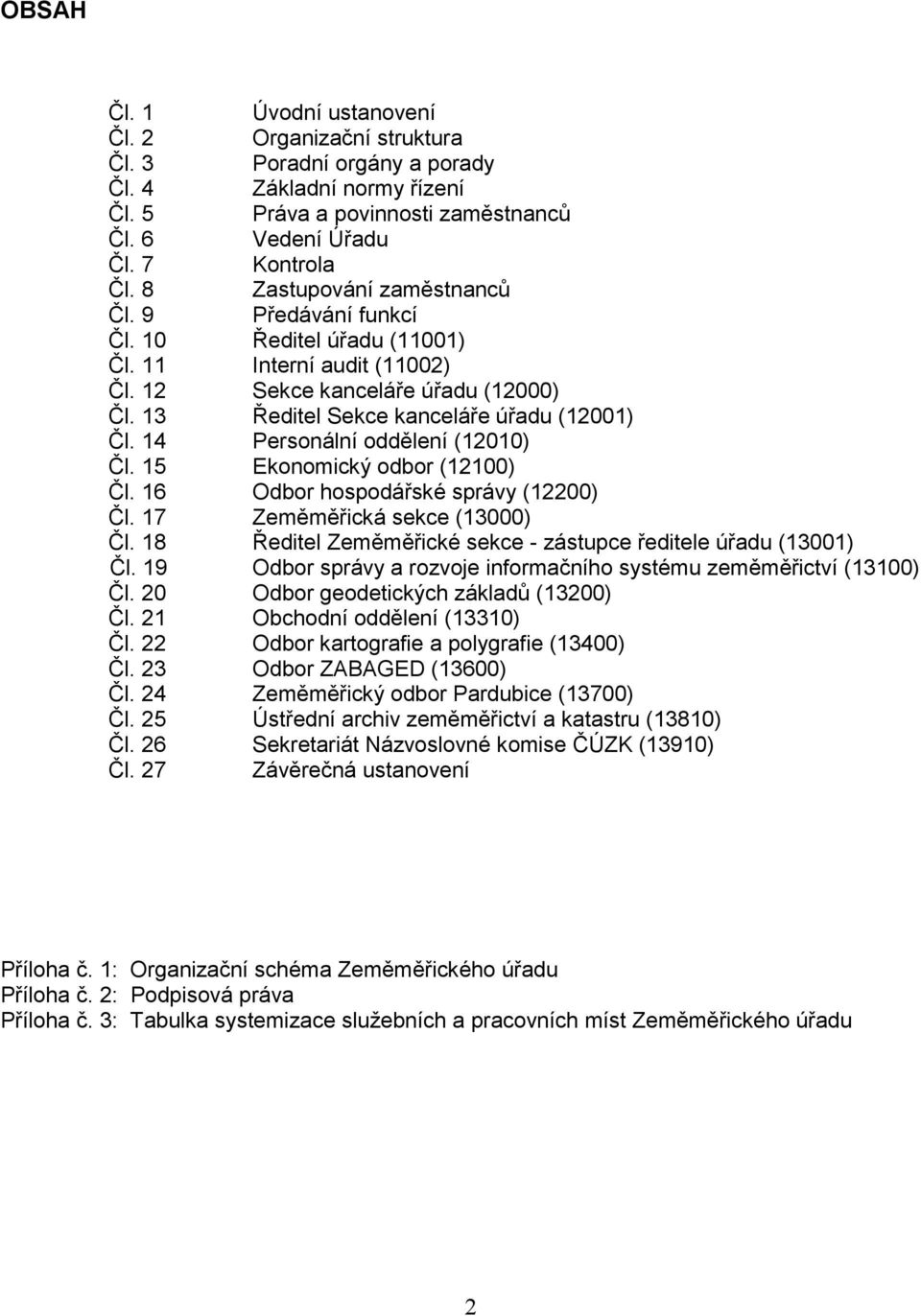 14 Personální oddělení (12010) Čl. 15 Ekonomický odbor (12100) Čl. 16 Odbor hospodářské správy (12200) Čl. 17 Zeměměřická sekce (13000) Čl.