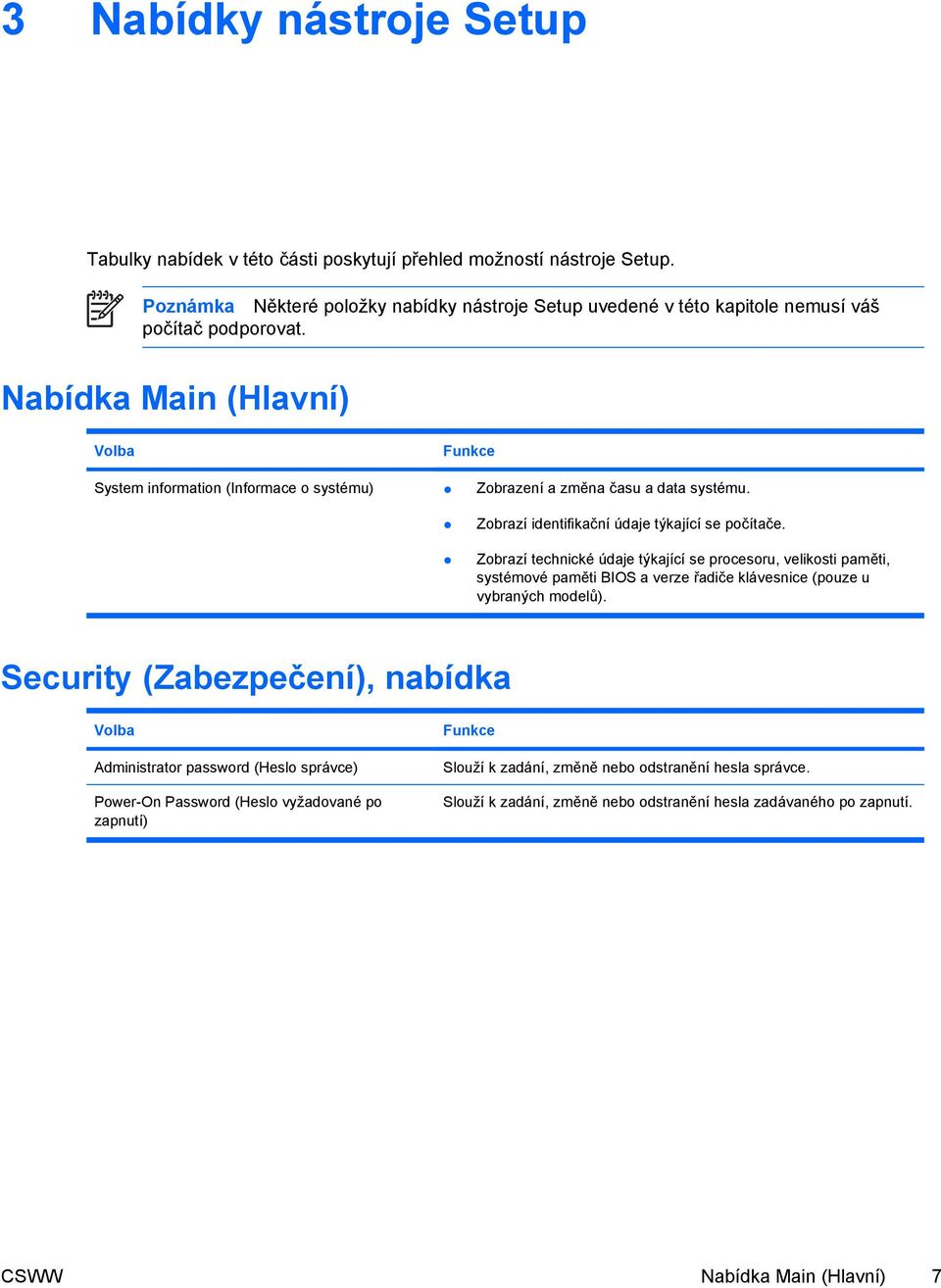 Nabídka Main (Hlavní) Volba Funkce System information (Informace o systému) Zobrazení a změna času a data systému. Zobrazí identifikační údaje týkající se počítače.