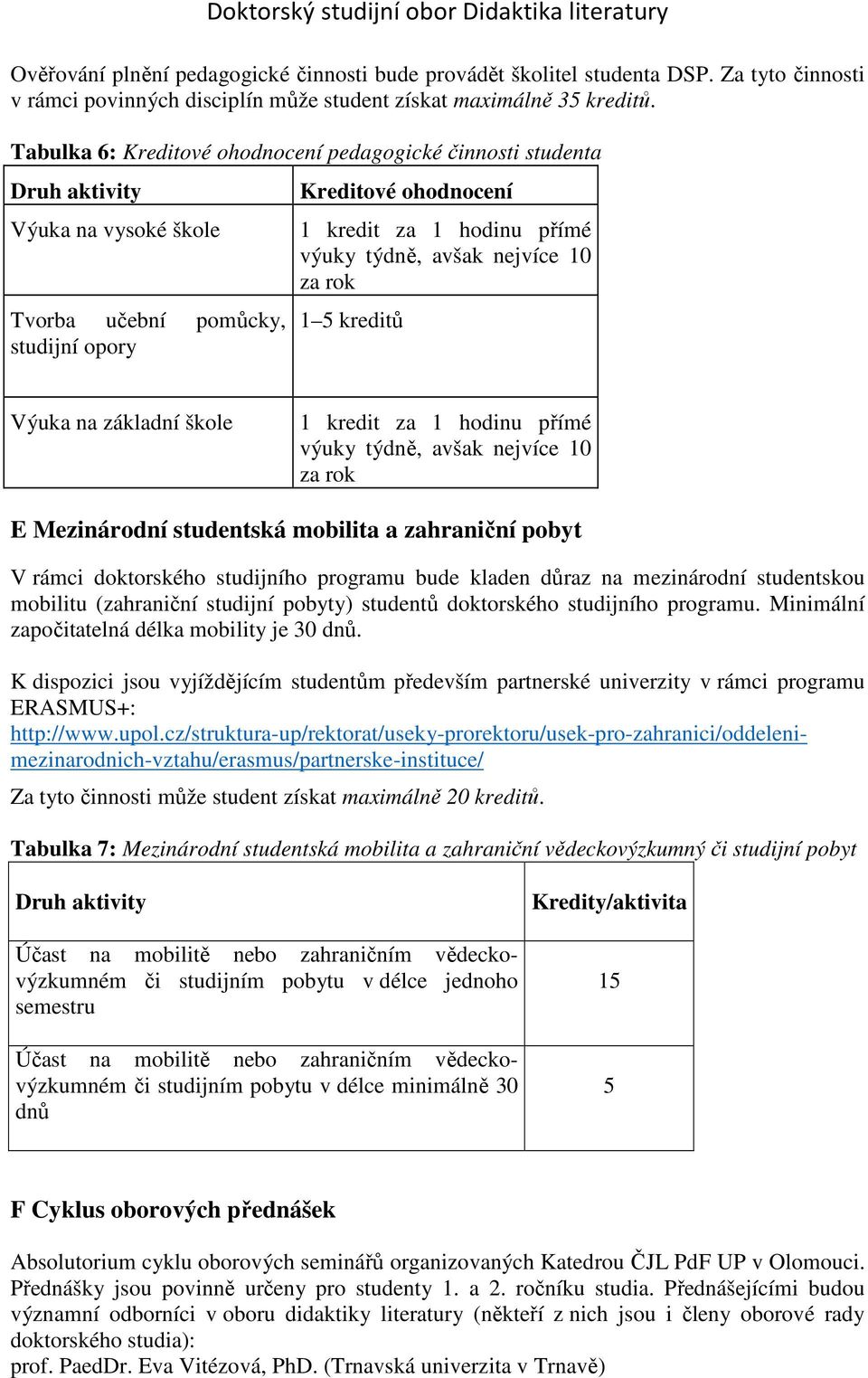 za rok 1 5 kreditů Výuka na základní škole 1 kredit za 1 hodinu přímé výuky týdně, avšak nejvíce 10 za rok E Mezinárodní studentská mobilita a zahraniční pobyt V rámci doktorského studijního programu