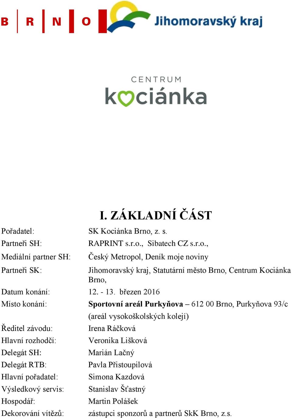 závodu: Hlavní rozhodčí: Delegát SH: Delegát RTB: Hlavní pořadatel: Výsledkový servis: Hospodář: Dekorování vítězů: (areál vysokoškolských kolejí) Irena Ráčková