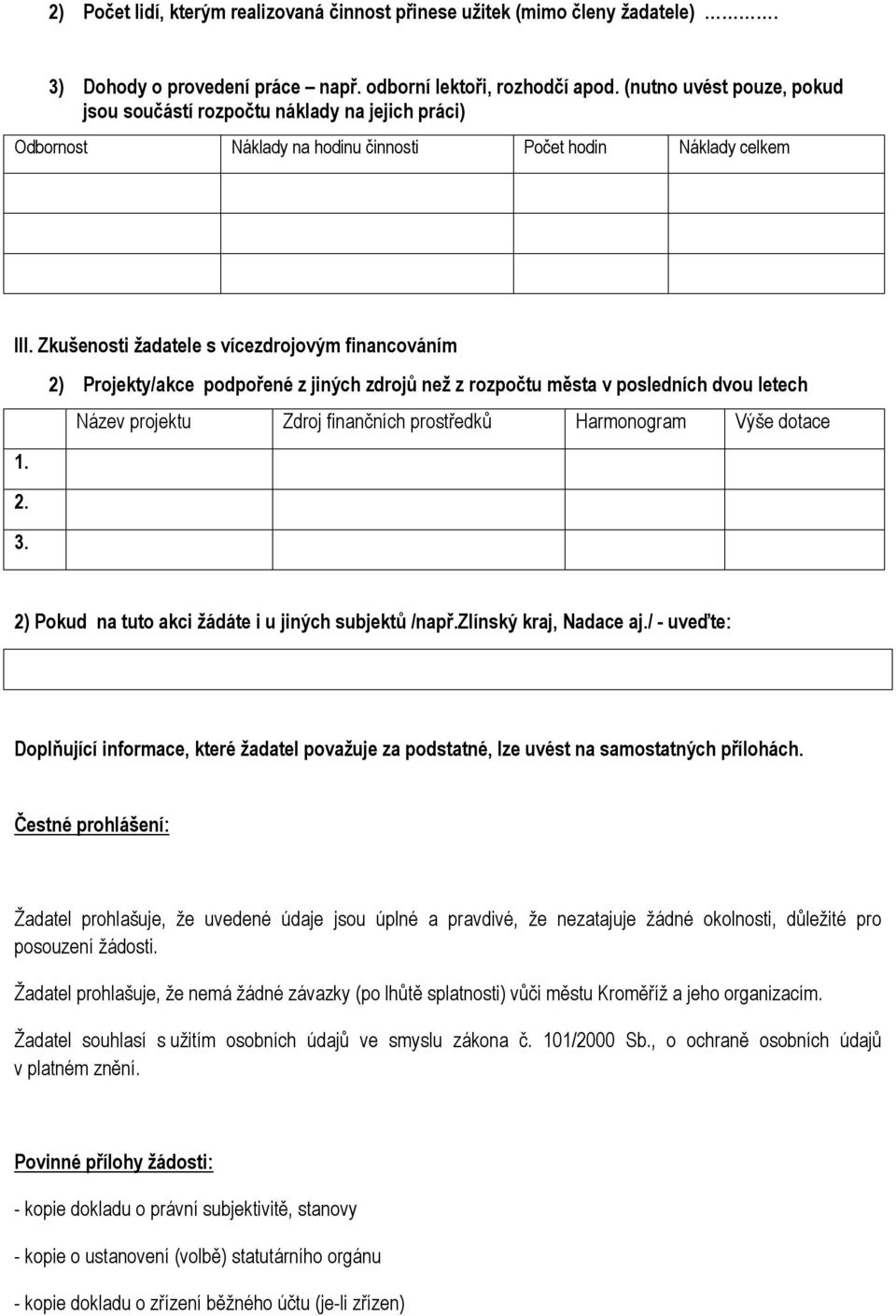 2) Projekty/akce podpořené z jiných zdrojů než z rozpočtu města v posledních dvou letech Název projektu Zdroj finančních prostředků Harmonogram Výše dotace 2) Pokud na tuto akci žádáte i u jiných