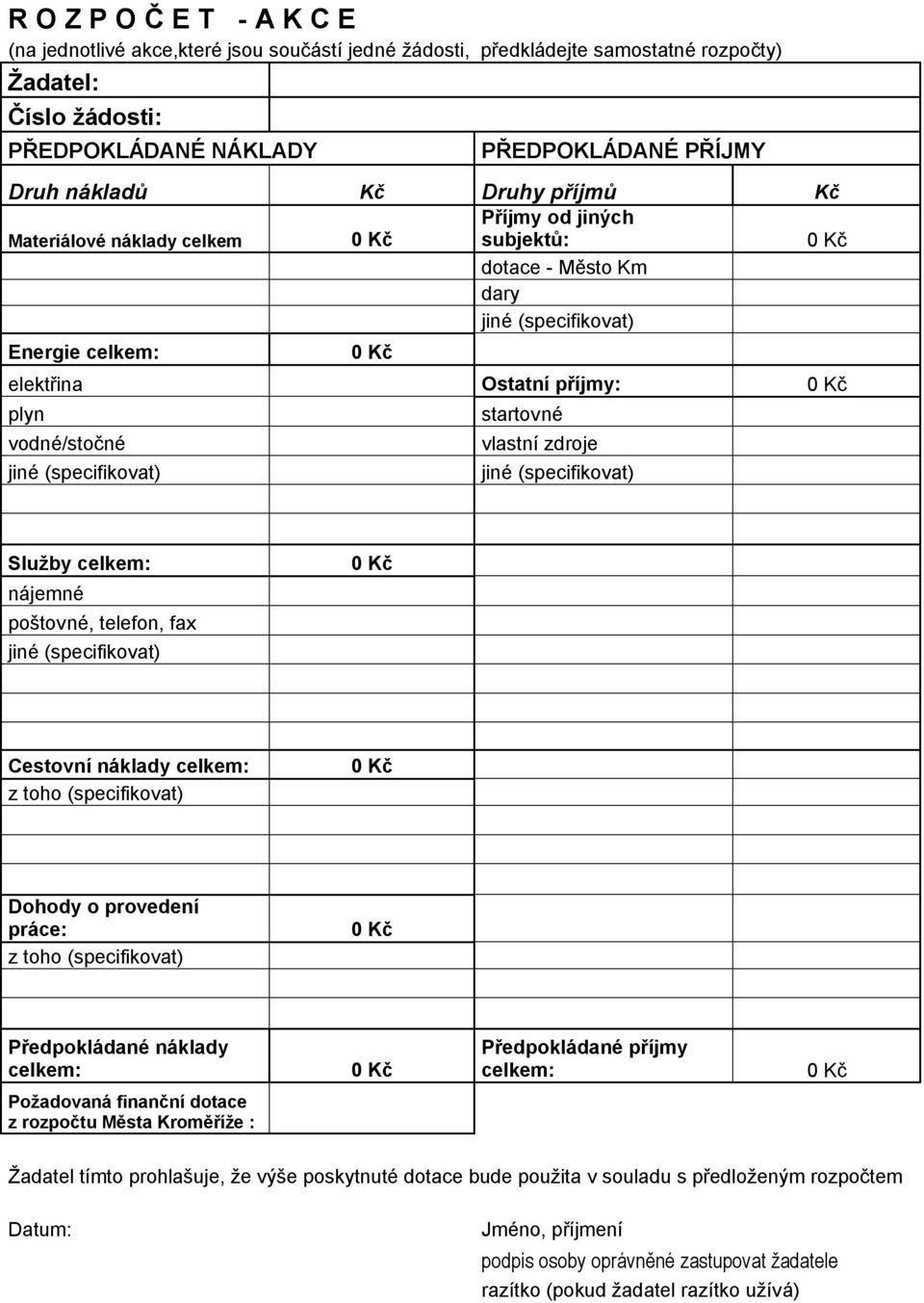 startovné vlastní zdroje jiné (specifikovat) Služby celkem: nájemné poštovné, telefon, fax jiné (specifikovat) Cestovní náklady celkem: z toho (specifikovat) Dohody o provedení práce: z toho