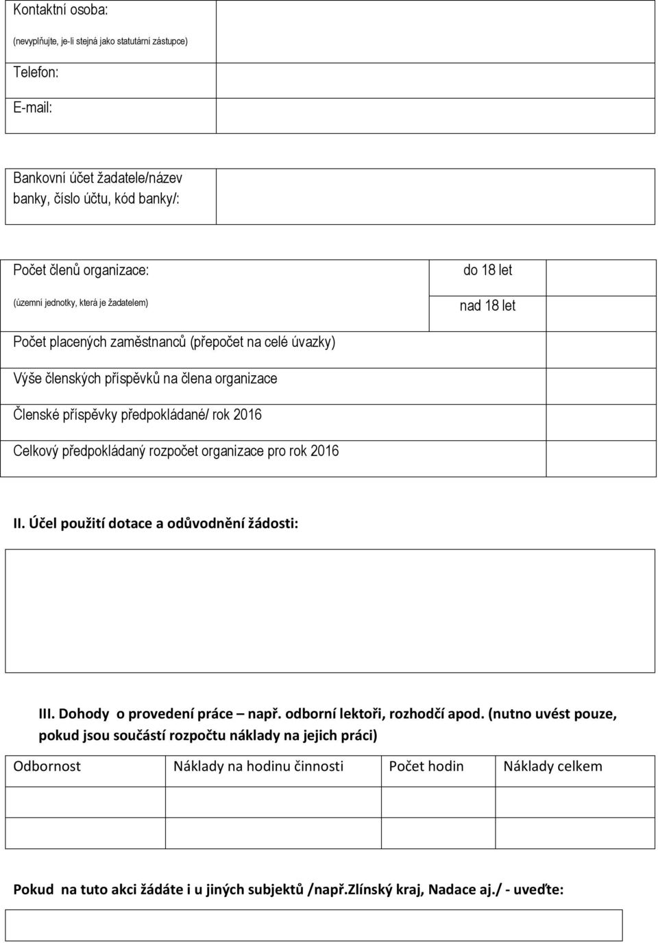 předpokládaný rozpočet organizace pro rok 2016 II. Účel použití dotace a odůvodnění žádosti: III. Dohody o provedení práce např. odborní lektoři, rozhodčí apod.