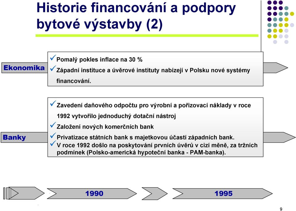 Banky Zavedení daňového odpočtu pro výrobní a pořizovací náklady v roce 1992 vytvořilo jednoduchý dotační nástroj Založení nových