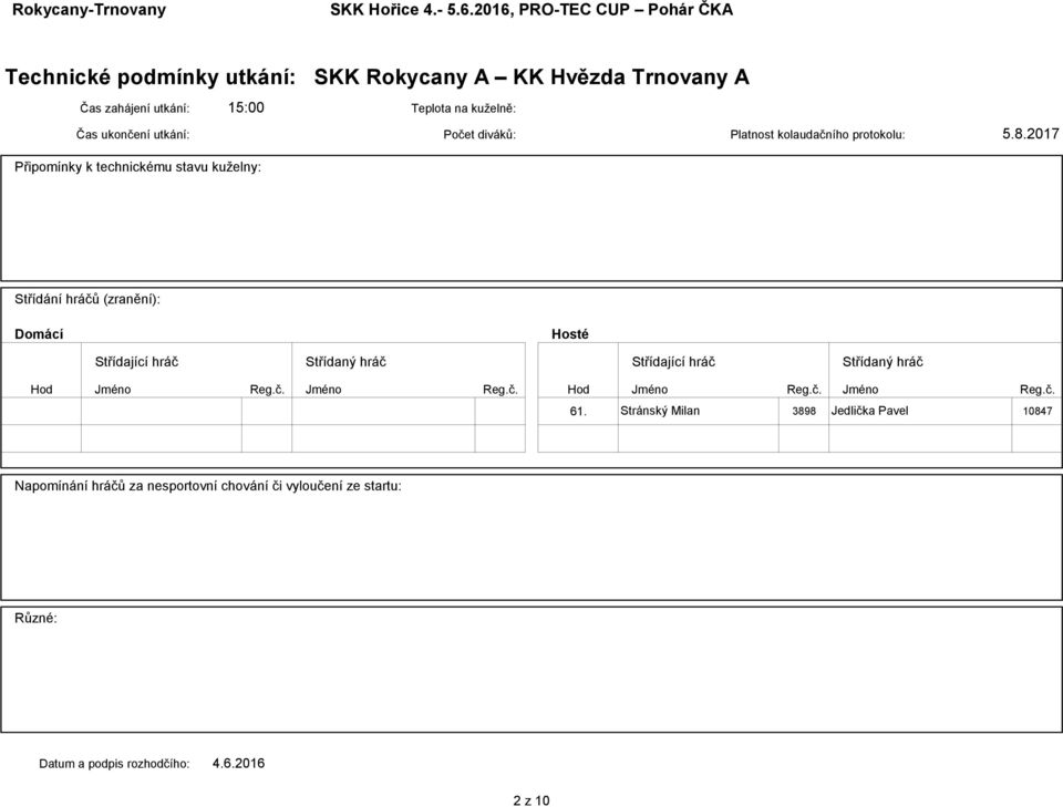 utkání: Počet diváků: Platnost kolaudačního protokolu: 5.8.