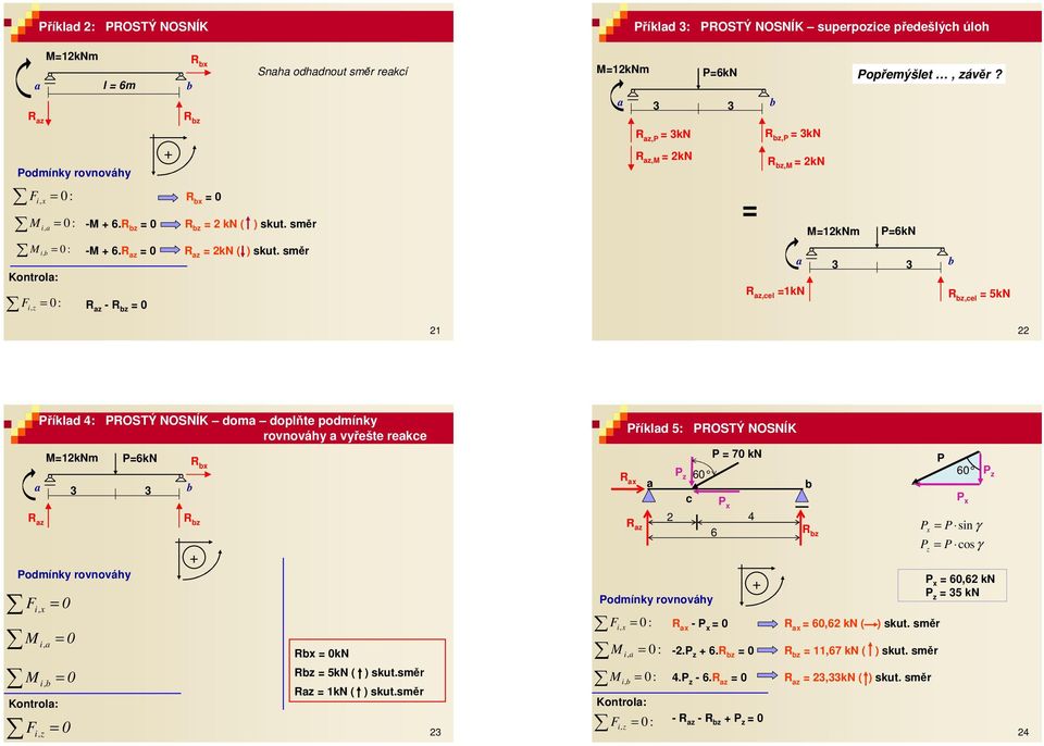 R zp k R zp k R z 2k R z 2k 12km Pk R zel 1k R zel 5k 21 22 R z F i x F i z Pk i i Kotrol: Příkld 4: PROSTÝ OSÍK dom doplňte podmíky rovováhy vyřešte reke 12km