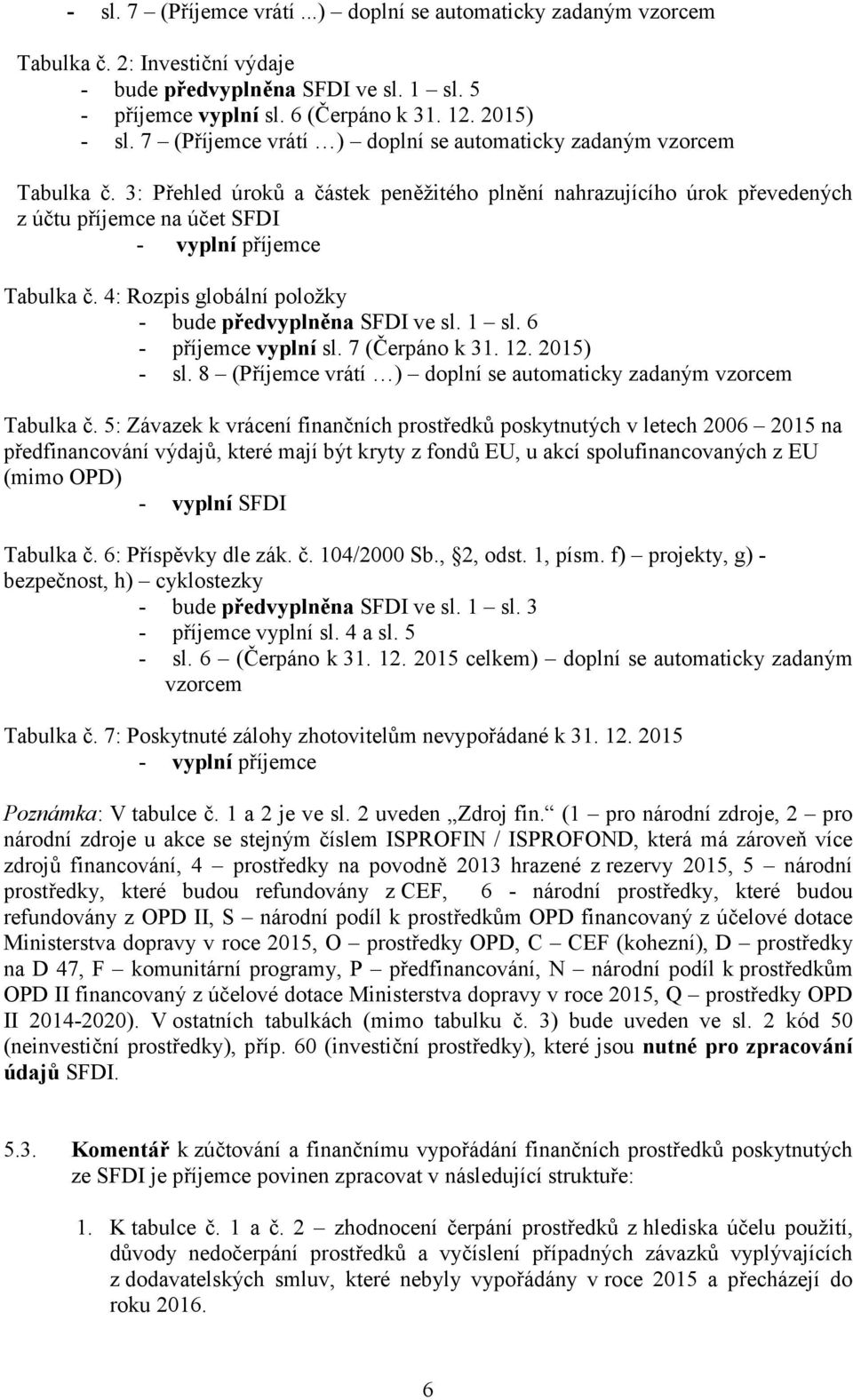 3: Přehled úroků a částek peněžitého plnění nahrazujícího úrok převedených z účtu příjemce na účet SFDI - vyplní příjemce Tabulka č. 4: Rozpis globální položky - bude předvyplněna SFDI ve sl. 1 sl.