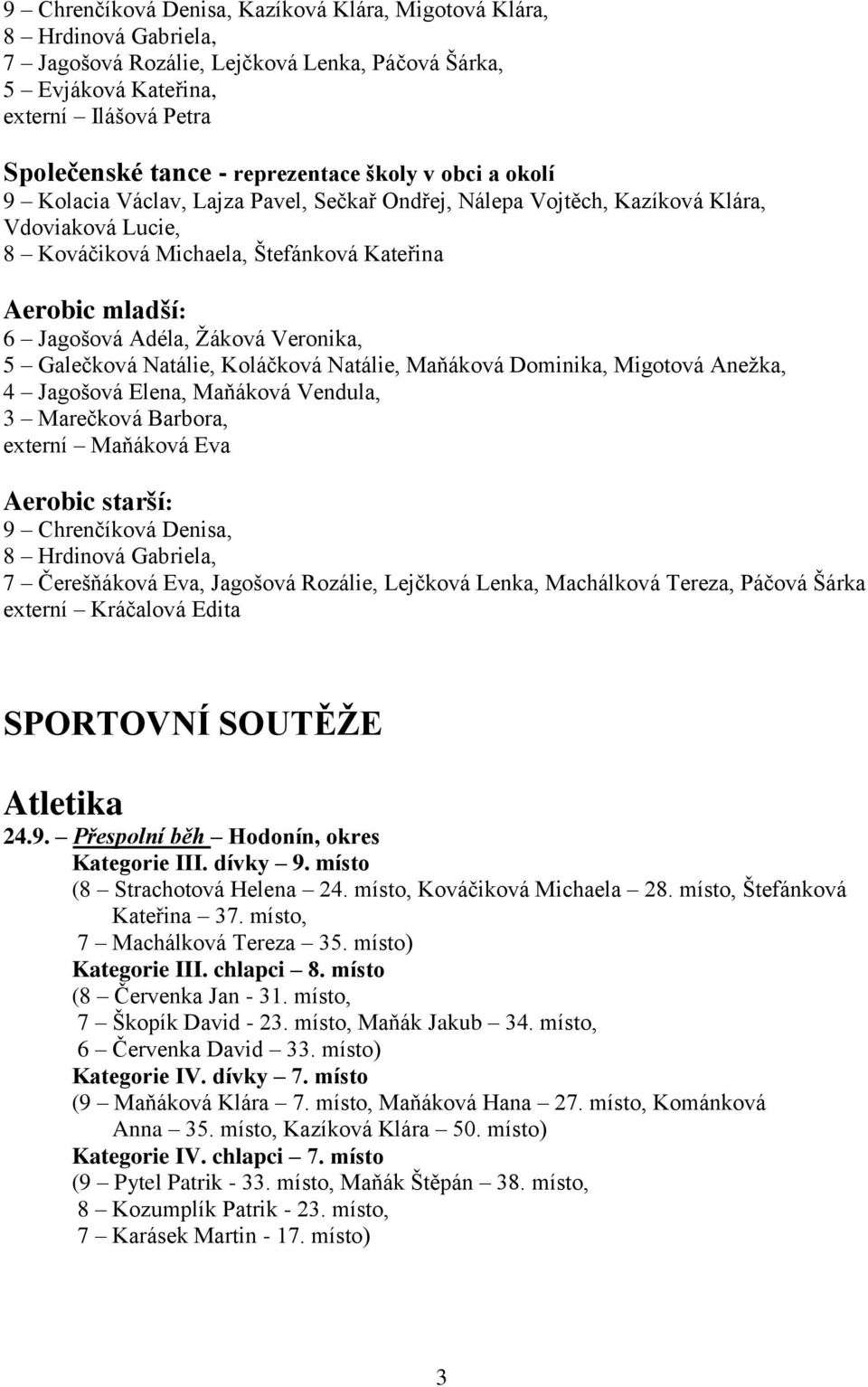 Adéla, Žáková Veronika, 5 Galečková Natálie, Koláčková Natálie, Maňáková Dominika, Migotová Anežka, 4 Jagošová Elena, Maňáková Vendula, 3 Marečková Barbora, externí Maňáková Eva Aerobic starší: 9