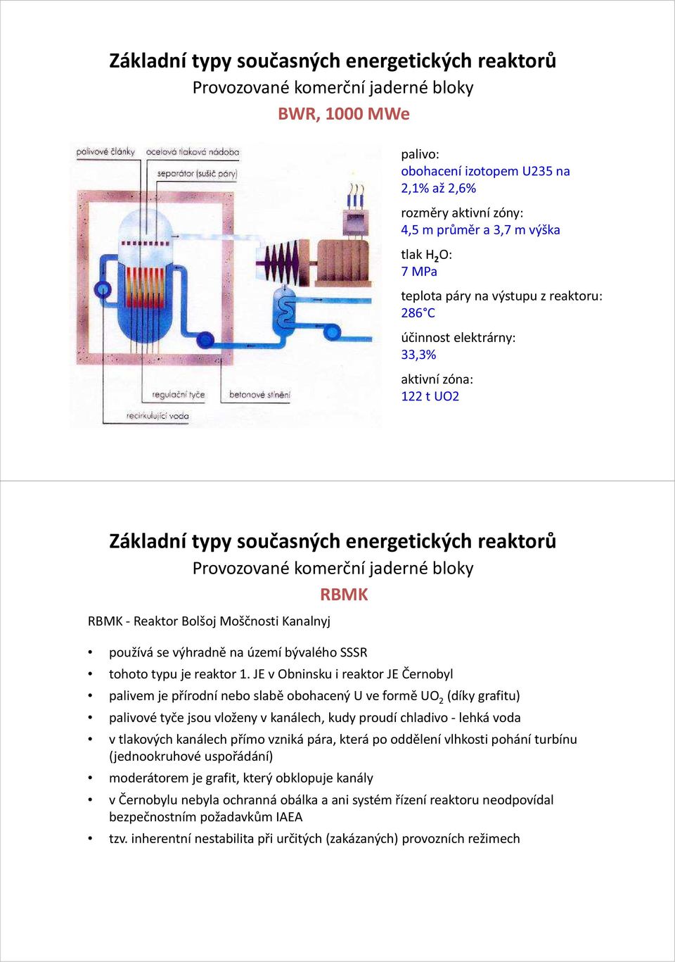 JE v Obninsku i reaktor JE Černobyl palivem je přírodní nebo slabě obohacený U ve formě UO 2 (díky grafitu) palivové tyče jsou vloženy v kanálech, kudy proudí chladivo - lehká voda v tlakových