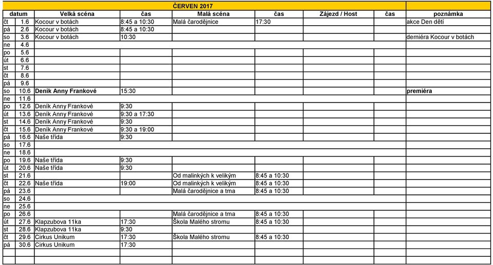 6 Deník Anny Frankové a 19:00 pá 16.6 Naše třída so 17.6 ne 18.6 po 19.6 Naše třída út 20.6 Naše třída st 21.6 Od malinkých k velikým 8:45 a 10:30 čt 22.