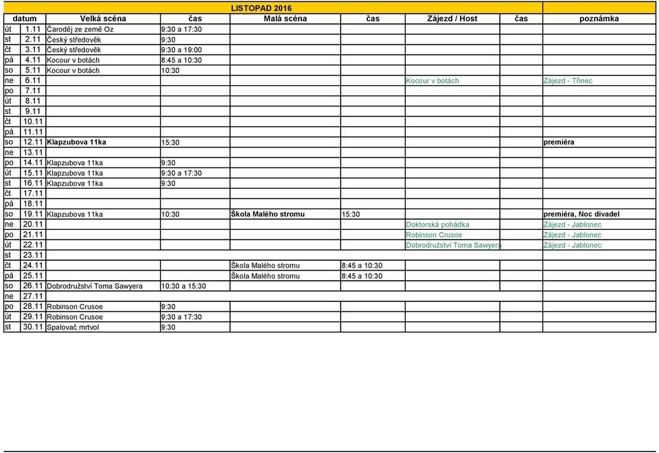 11 Klapzubova 11ka čt 17.11 pá 18.11 so 19.11 Klapzubova 11ka 10:30 Škola Malého stromu 15:30 premiéra, Noc divadel ne 20.11 Doktorská pohádka Zájezd - Jablonec po 21.