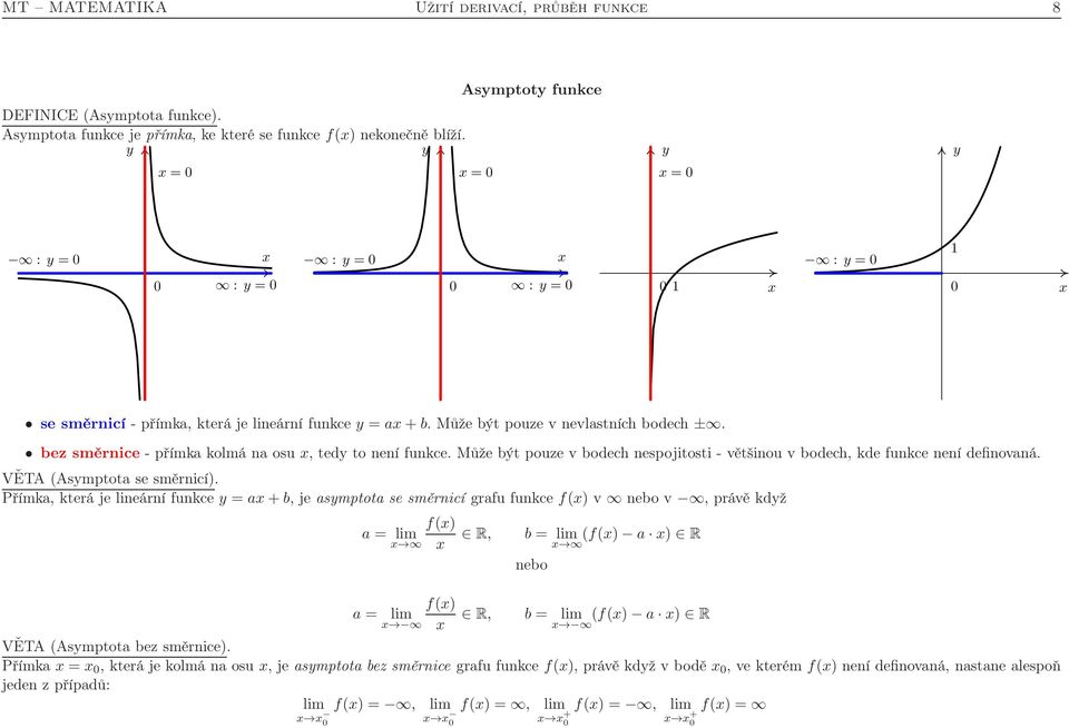 Může být pouze v bodech nespojitosti - většinou v bodech, kde funkce není definovaná. VĚTA (Asmptota se směrnicí).